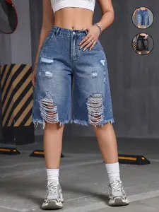 Women's Casual Loose Fit Washed Vintage  Distressed Ripped Denim Shorts, Relaxed Fit Cropped Capri Jeans，Comfortable Summer Fashion, Trendy Streetwear for Daily Wear, Style Womenswear