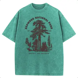 Holafish Heavyweight Cotton Crewneck Streetwear T‑Shirt, Retro Acid Wash Redwood National Park Inspirational Graphic Printed Unisex Fashion Tees Summervibes Casual Top, 2026 New Color