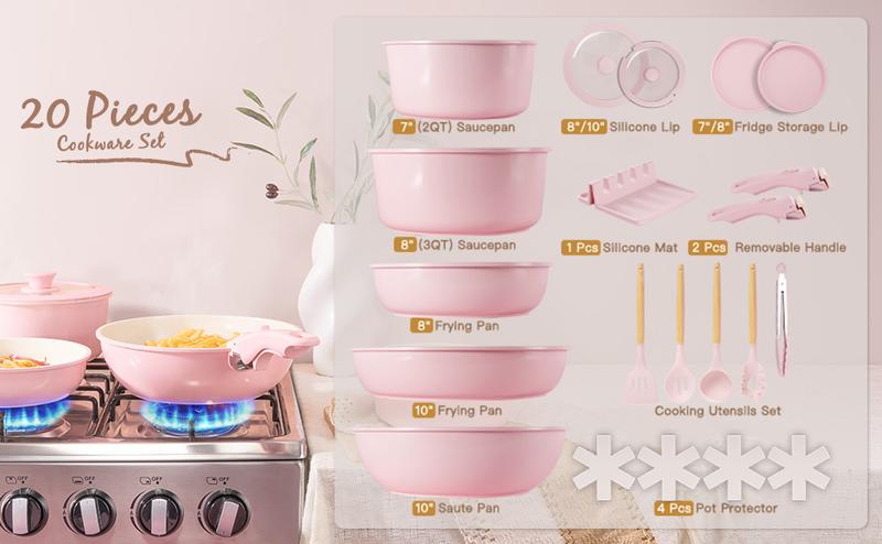 【Valentines Day Sale】Astercook 20 PCS Nonstick Cookware Set - Removable Handle Pots & Pans, Ceramic Coated Kitchenware for Easy Cooking