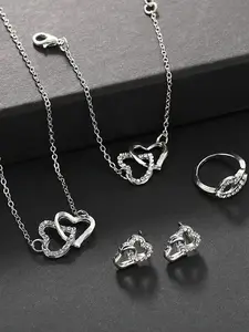 Rhinestone Decor Hollow Out Heart Design Jewelry Set, Elegant Necklace & Bracelet & Earrings & Ring Set, Fashion Exquisite Matching Jewelry Set for Women's Gift, Valentine's Day, Gift