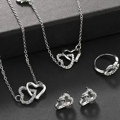 Mother's Day Gift Rhinestone Decor Hollow Out Heart Design Jewelry Set, Elegant Necklace & Bracelet & Earrings & Ring Set, Fashion Exquisite Matching Jewelry Set for Women's Gift, Valentine's, Jewellery Gift Set, Necklaces Earrings Set