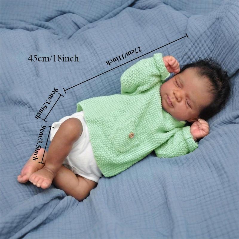 45 CM Asleep Reborn Baby Doll Toy Cloth Body Vinyl Limbs Lifelike Black Brown Skin Smile Babies Doll Kid Birthday Gift Collectable Humanoid Toys Lifelike Newborn Doll (Some Parts Random, Including Pacifier, Bottle, Diaper And Clothes Set)