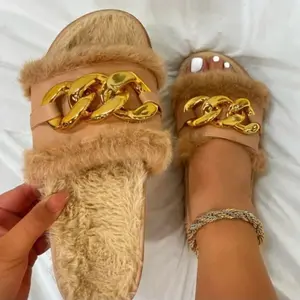 Women's Gold Link Fur Slides, Cute Fashionable Slip-On Round Toe Slippers with Chain Embellishment