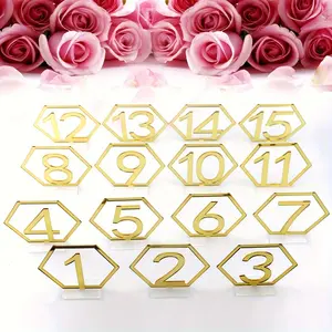 Elegant acrylic hexagonal dining table number 1-15, mirror gold and silver-very suitable for wedding seating and decoration.