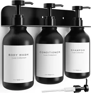 Refillable Shampoo and Conditioner Dispenser Set of 3 - Wall Mounted No Pump with, 3 Chamber for Shower Soap and Body Wash Dispenser with Labels, Black Bottle for (16oz)