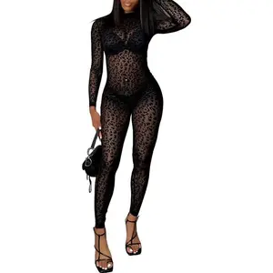 Sexy Mesh Black Leopard Jumpsuits for Women Bn Outfits Streetwear Rompers Womenswear Overalls