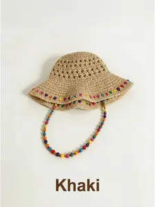 Beach Straw Hat with Beads, Hollow Out Breathable Woven Hat, Summer Beach Vacation Sun Protection, Elegant Wide Brim Hat