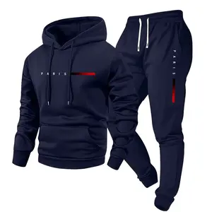 Men's Spring/Fall Paris Letter Print Hooded Sweater & Elastic Waist Drawstring Trousers Set Stylish Casual Two-Piece Gift for Husband or Boyfriend SpringStatements