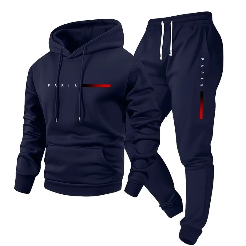 Men's Spring/Fall Paris Letter Print Hooded Sweater & Elastic Waist Drawstring Trousers Set Stylish Casual Two-Piece Gift for Husband or Boyfriend