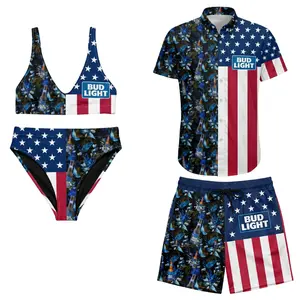 Bud Light Matching Couple Swimwear, Tropical Floral American Flag Bikini and Mesh Swim Shorts Hawaiian Shirt Set, Gift for Couples