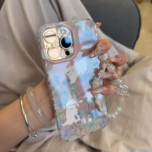 Crystal transparent white light jungle blue rose little white cat phone case with chain for iPhone 11 12 13 14 15 16 pro max