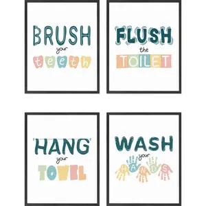 Kids Bathroom Poster Set of 4 - Artistic Wall Decor Print for Room Aesthetic and Vibe