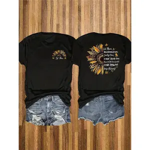 Women's Sunflower & Letter Double-Sided Print T-Shirt, 180GSM Soft Cotton, Breathable & Comfy for Daily Wear, Casual Summer Outfits, Aesthetic Streetwear Essential