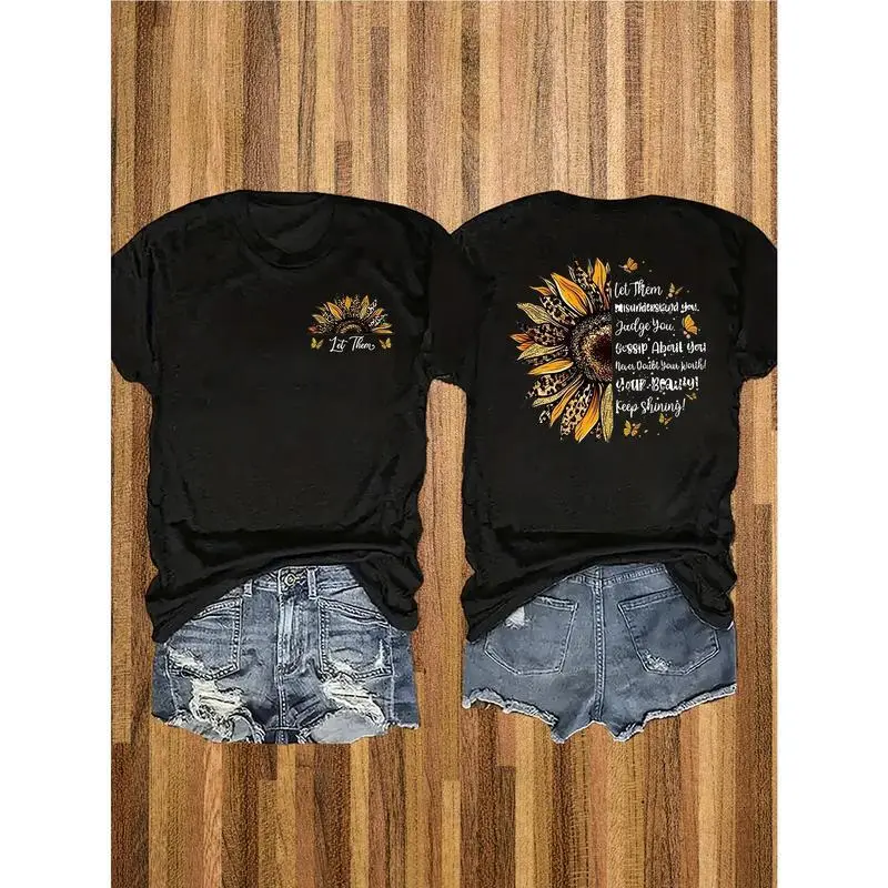 Women's Shortsleeve Unisex Sunflower & Letter Graphics Double-Sided Print T-Shirt - 180GSM Soft Cotton Fabric, Breathable, Comfy for Daily Wear, Casual Summer Style Essential, Tshirt, Top, Tee, Vibe