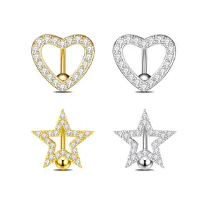 HERVAY 14G/10MM Stainless Steel Star Heart Belly Button Ring Gold & White Crystal Piercing Jewelry for Women Men Floating Navel Piercing 316L Material Clicker Curved Barbell