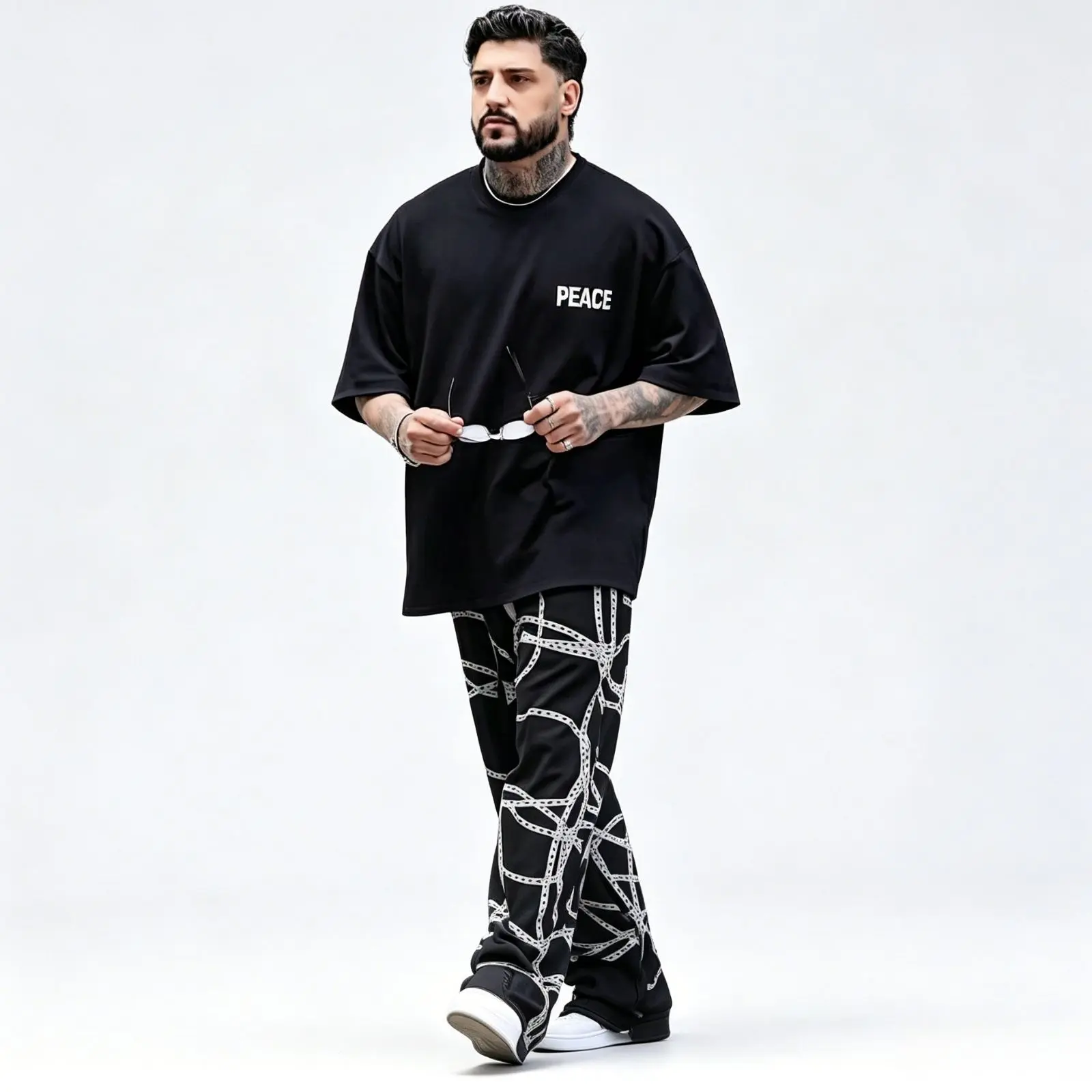 Men's Oversize All-Over Print Chain Wide-Leg Pants, Drawstring Elastic Waistband, Loose Drape High-Street Casual Long Pants