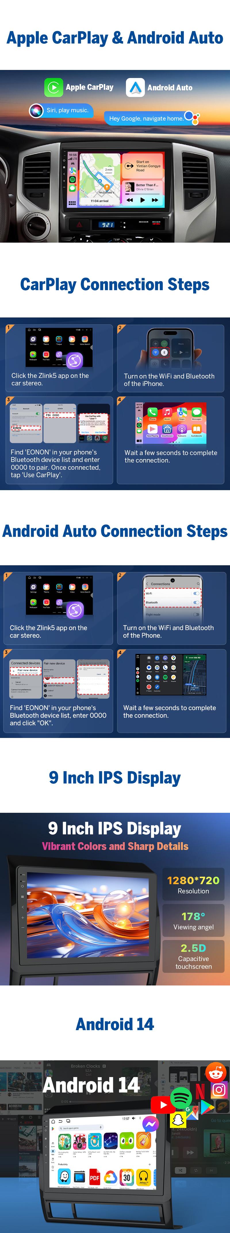 EONON Car Stereo for Toyota Tacoma 2005-2013, Wireless CarPlay & Android Auto Car Radio, 9" Android 14 Touchscreen Head Unit, 3GB RAM, 32G ROM, Bluetooth, GPS Navigation, Wi-Fi, Sub, SWC, Backup camera, Keep OEM, Plug & Play - TYTACX7, TYTACX7A EONON Car Stereo for Toyota Tacoma 2005-2013, Wireless CarPlay & Android Auto Car Radio, 9" Android 14 Touchscreen Head Unit, 3GB RAM, 32G ROM, Bluetooth, GPS Navigation, Wi-Fi, Sub, SWC, Backup camera, Keep OEM, Plug & Play - TYTACX7, TYTACX7A