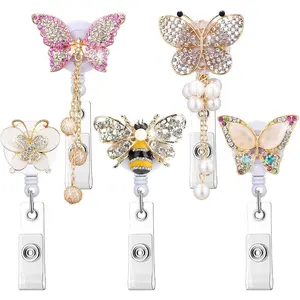 Crystal Badge Holders Retractable,Handmade Bling Rhinestone Cartoon Butterfly and Bee ID Name Badge Reel with Alligator Clip for Workers Nurses Teachers
