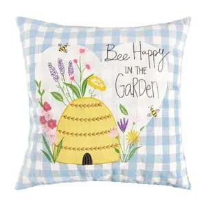 18" x 18" Bee Happy in Blue Throw Pillow by Valerie