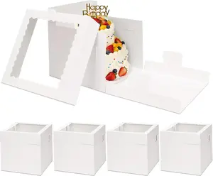 5 Pack Cake Boxes 8 Inch, Bakery Containers with Large Window, 8 Inch White Cake Carrier, Disposable Boxes for Halloween Birthday, Party, Cupcake Cookie Pie Pastry