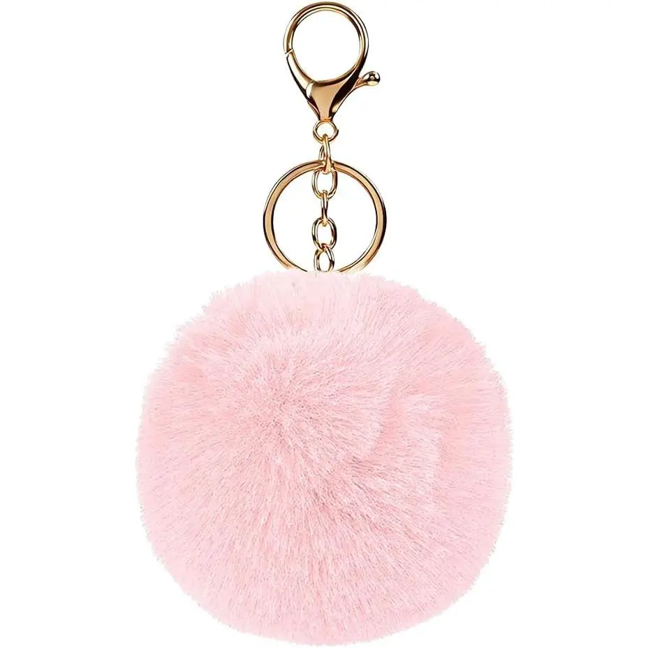 Pom Pom Car Keychain, 2PCS Fluffy Plush Ball Cute Rabbit Fur Vehicle Key Ring, Automotive Decor Keyring, Universal Fit (Pink)