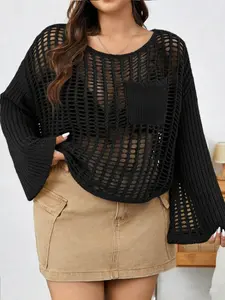 Plus Size Spring Fall Women's Knit Sweater, Hollow Out Shoulder Patchwork, Beach Vacation & Versatile Fashion, Long Loose Fit