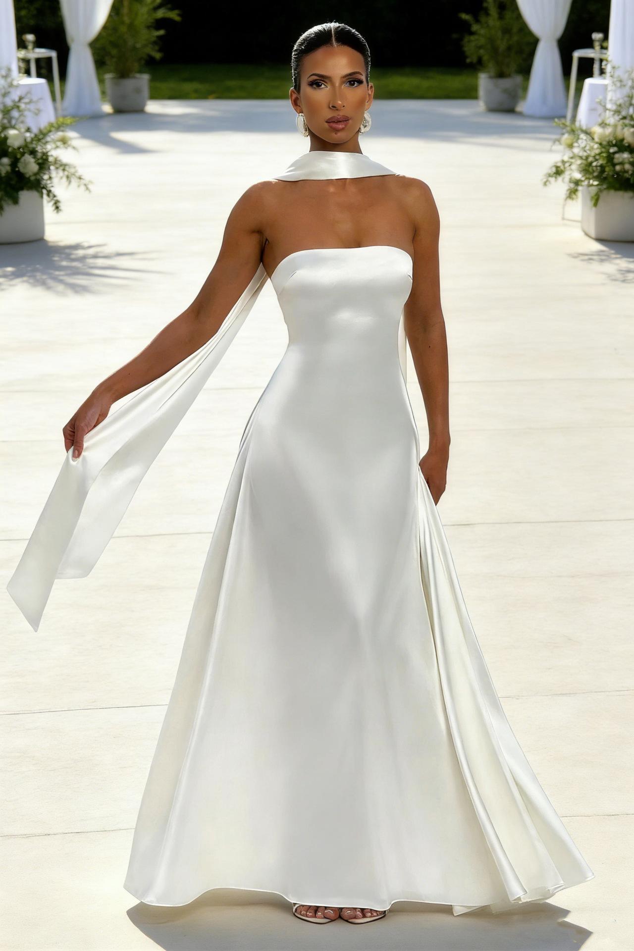 Womens Backless Tube-Top Waist-Cinching Evening Gown Long Dress