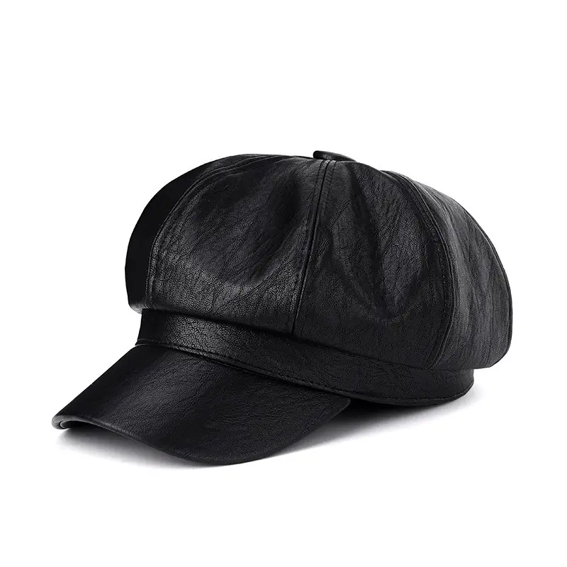 Women's Retro Faux Leather Beret, Solid Octagonal Painter Hat in British Style, Versatile Face-Slimming Fashion Accessory, Painter’s Hat