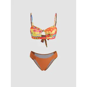 Cider V-neck Beach & Coconut Tree Cut Out Knotted Bracelet Cheeky Bikini Set