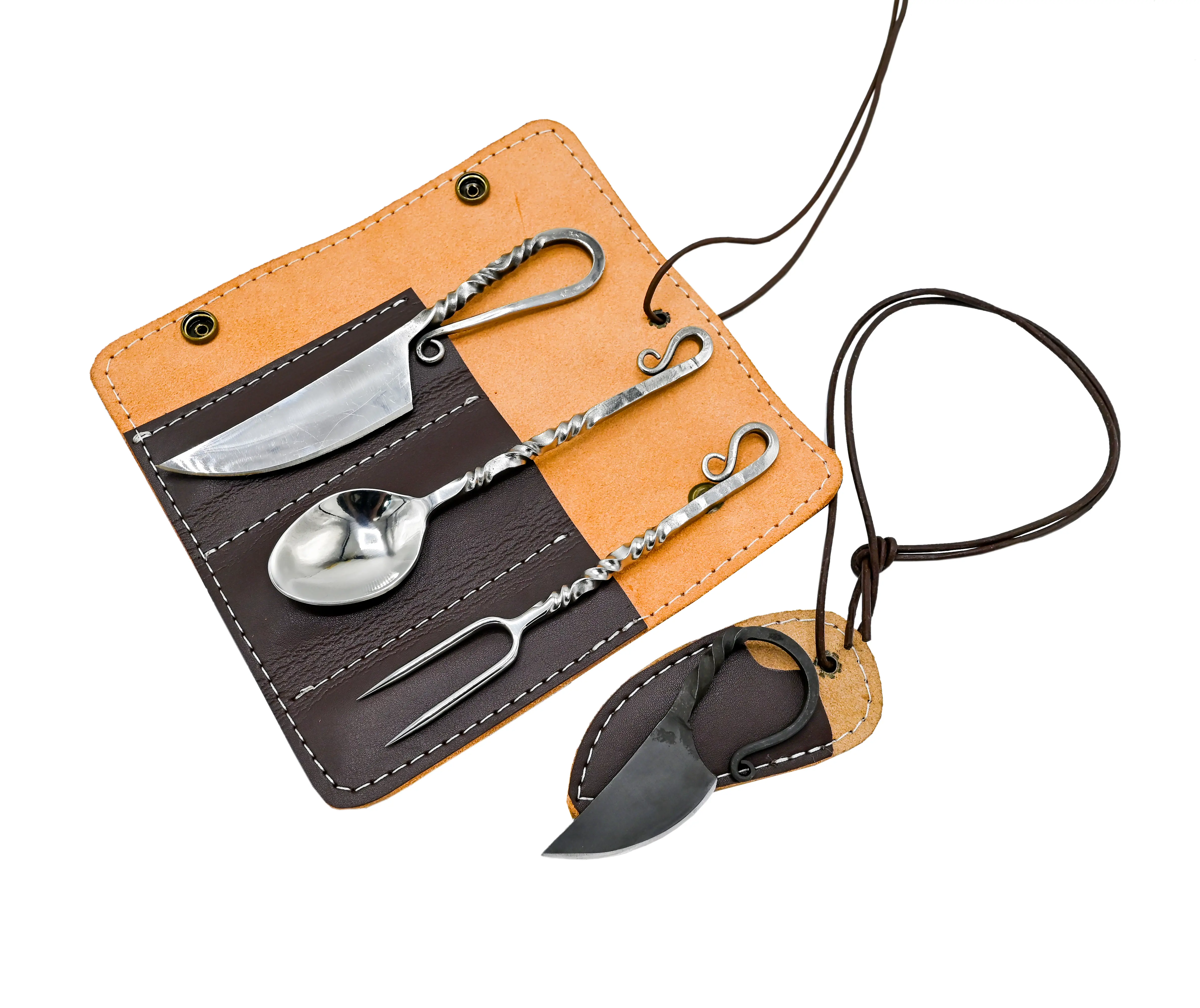 Hand Forged Viking Cutlery Set - Stainless Steel Medieval Dinner Knives with Leather Storage Bag