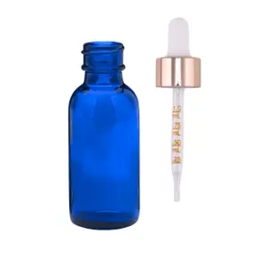 30 ml (1oz) Cobalt Blue Boston Round Glass Bottle With 20/400 Rose Gold Non-CRC Dropper Graduated Straight-Tip Glass Pipette - (360 PCS/CASE)