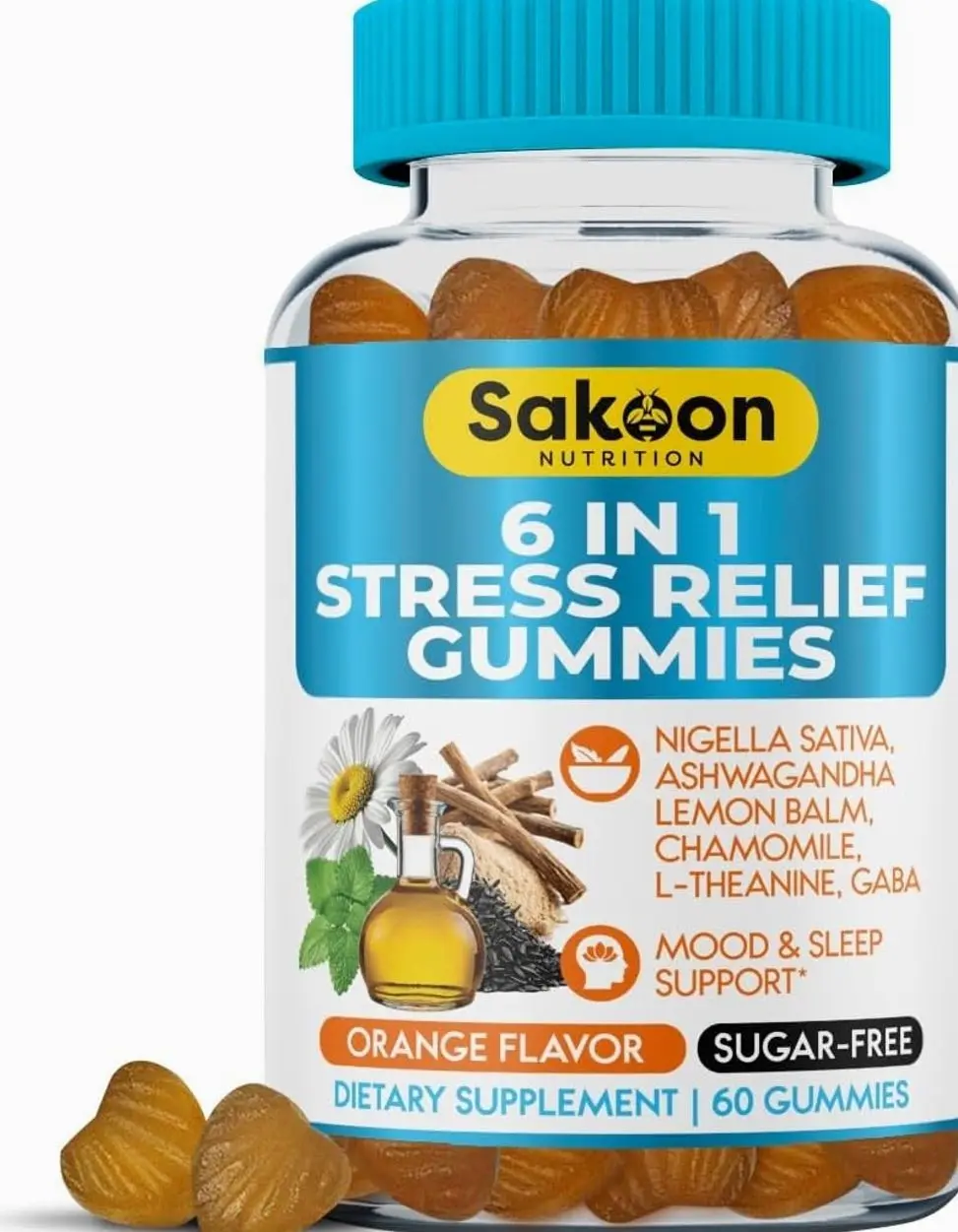 6-in-1 Stress Relief Gummies 60ct - Aids Relaxation with Ashwagandha, GABA, L-theanine, Lemon Balm, Chamomile, Black Cumin Seed Nigella Sativa. Improved Deep Sleep, Joint Support - 60 gummies