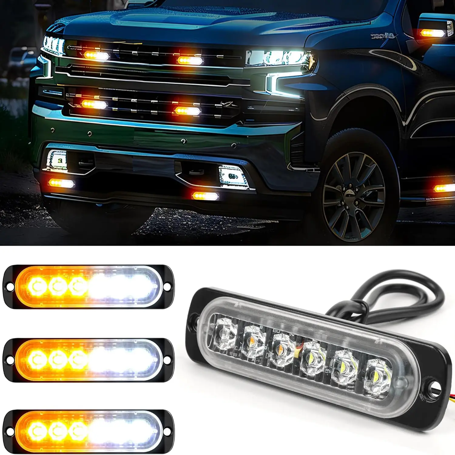 4pc LED Strobe Lights for Trucks, Emergency Vehicles Grill Lights Flashing Construction Beacon Caution Lights for Work Service Tow Truck (Amber/White)