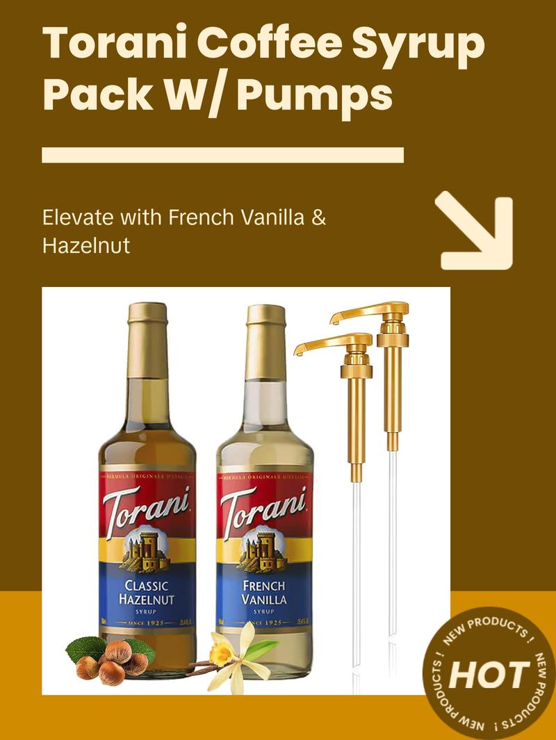 Torani Coffee Syrup Variety Pack - French Vanilla & Classic Hazelnut Syrup for Coffee with 2 Jimoco Syrup Pump Dispensers - Sweet Natural Beverages