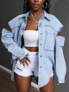 Women's Washed Light Blue Cutout Denim Jacket - Oversized Casual Mid-Length Coat For Spring & Fall