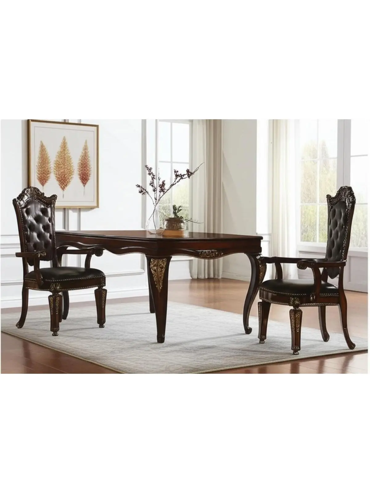 212 MAIN Transitional Tufted Upholstery Dining Arm Chair Set of 2 - Fixed Arms, Faux Leather, Solid Wood, Brown & Redwood, Nailhead Trim, Full Assembly, 48x27x27 in
