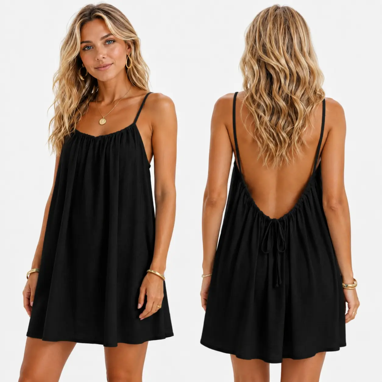 Elegant Flowy Cami Lounge Dress Women Solid Color Sleeveless Short Sundress Chic Open Back Summer Vacation Beachwear Comfortable Casual Everyday Outfit Boho Resort Holiday Cover Up