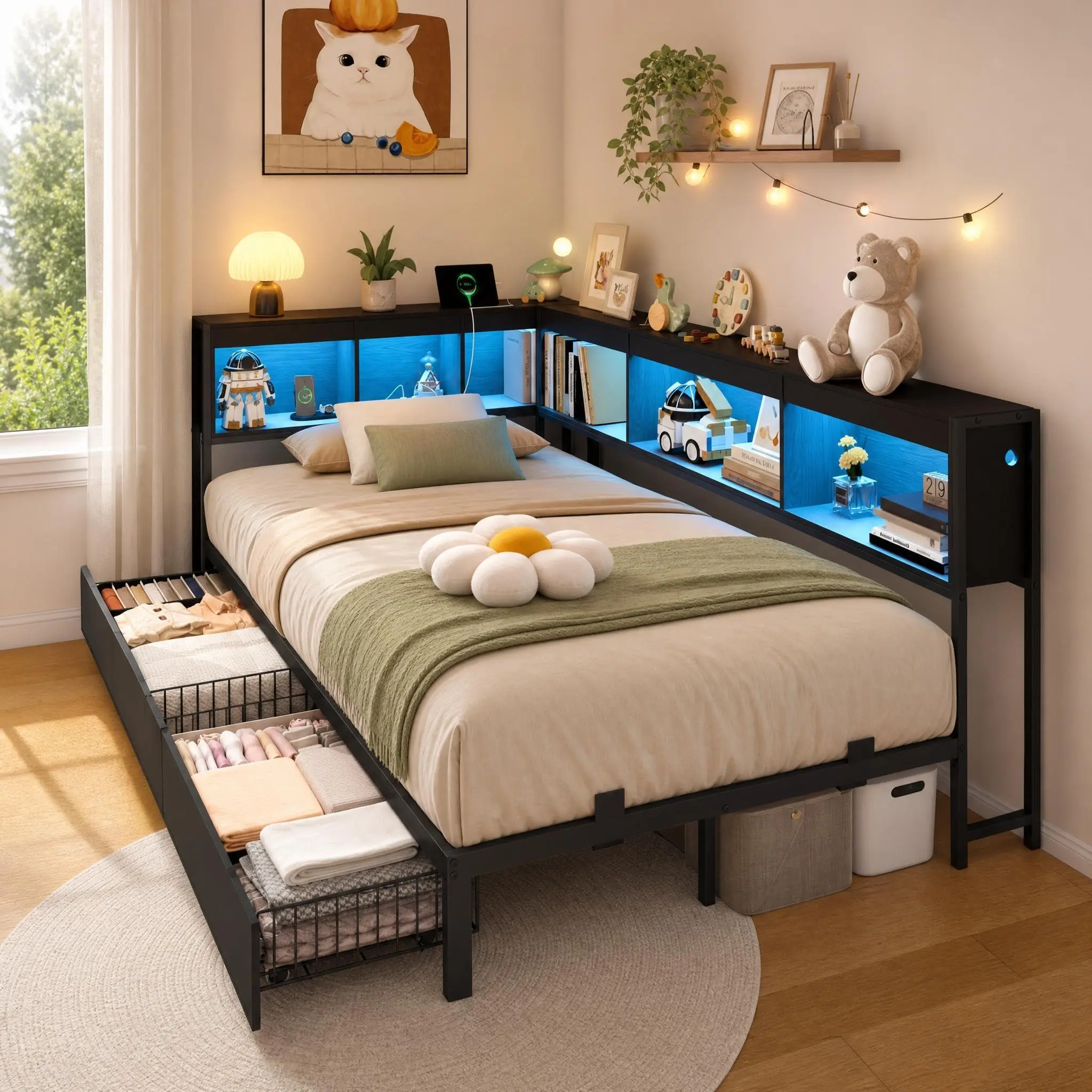 Twin Corner Daybed Frame with 2 Storage Drawers, Bookcase Headboard with Charging Station, RGB LED Lights, Reversible Headboard, Wood Bed Frame, No Box Spring Needed, Black