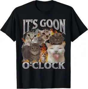 Gooning O'clock Funny Cat Meme Bootleg Graphic T-Shirt, Gift T-shirt Fabric Menswear casual streetwear