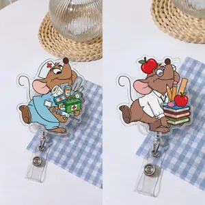 Cute Cartoon Mouse Badge Reel Retractable | Aesthetic Medical Nurse ID Card Holder | Funny Teacher Badge Clip | Whimsical Animal Acrylic Name Tag Holder for Scrubs Lanyard