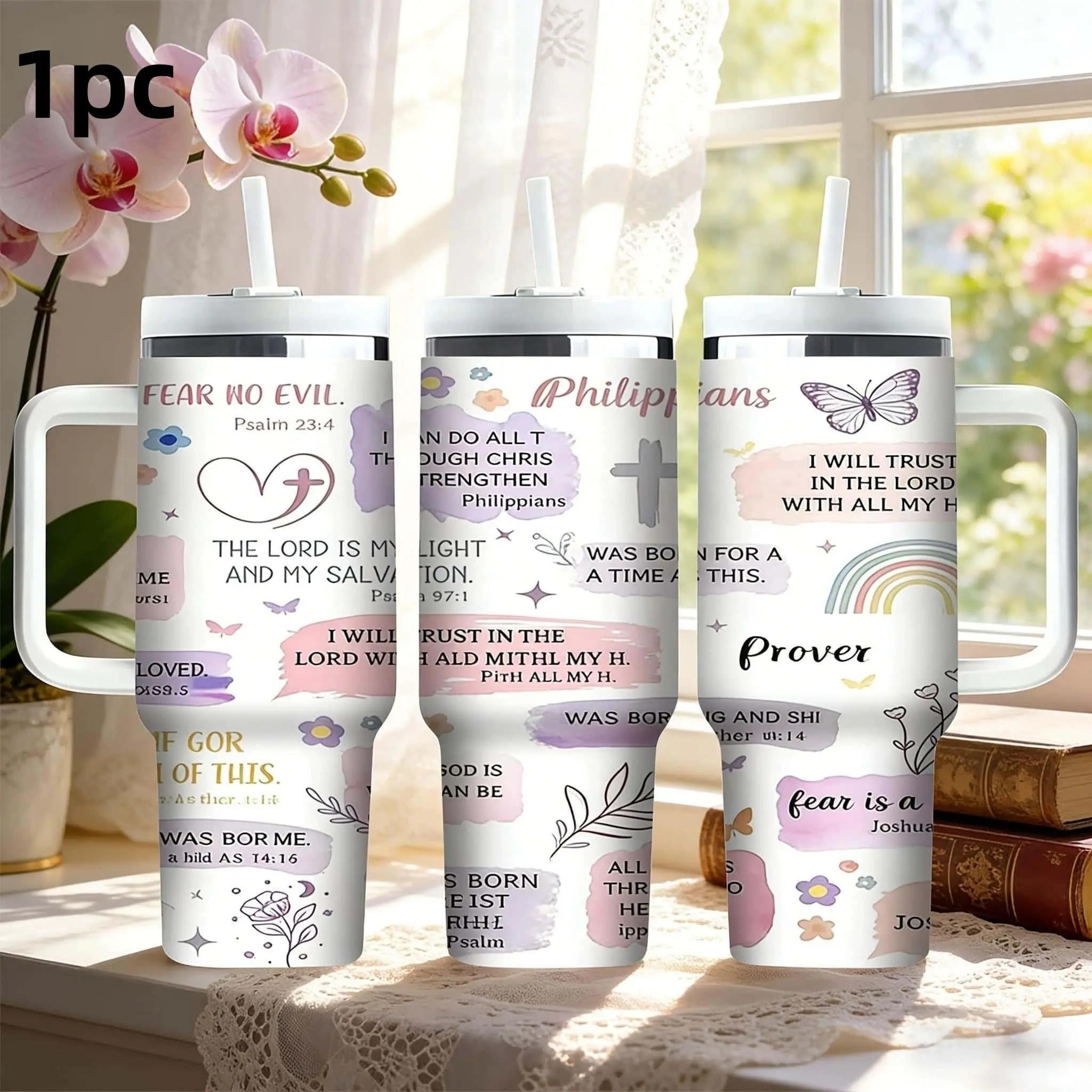 1pc 40oz Stainless Steel Insulated Vacuum Flask Bible Verse Water Bottle, Healing Watercolor Print, Handheld Straw, Christian Faith Cup Gift