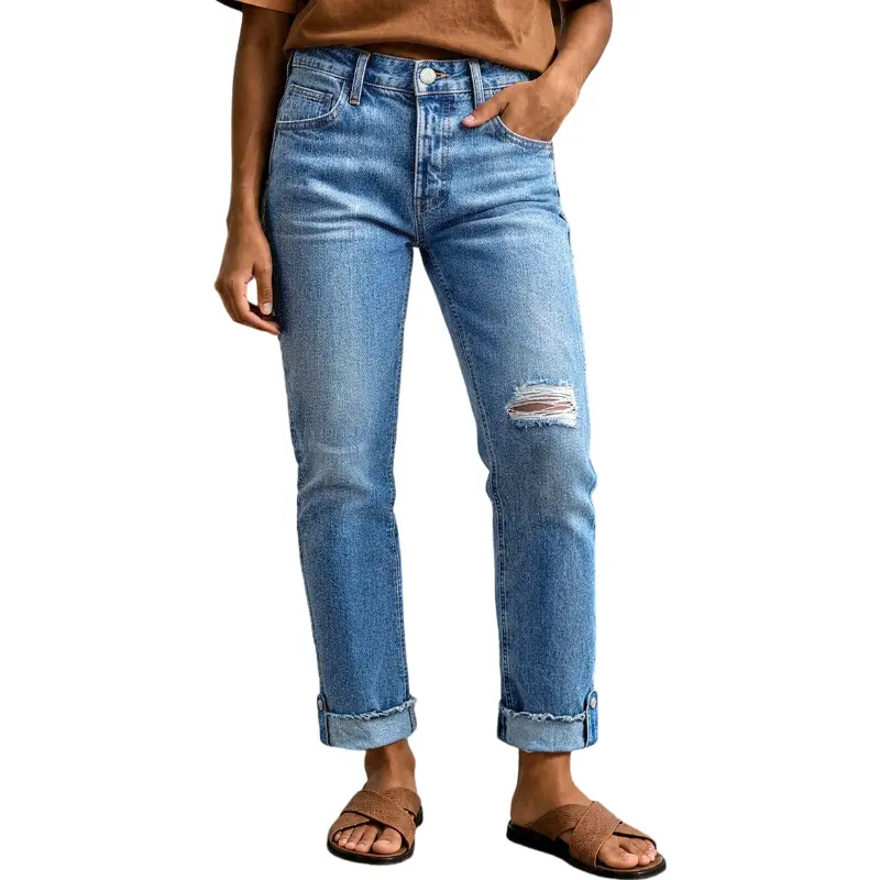 Flamingals Wash Ripped Roll Hem Mid Rise Straight Leg Crop Jeans Stretchy 24.8'' Inseam