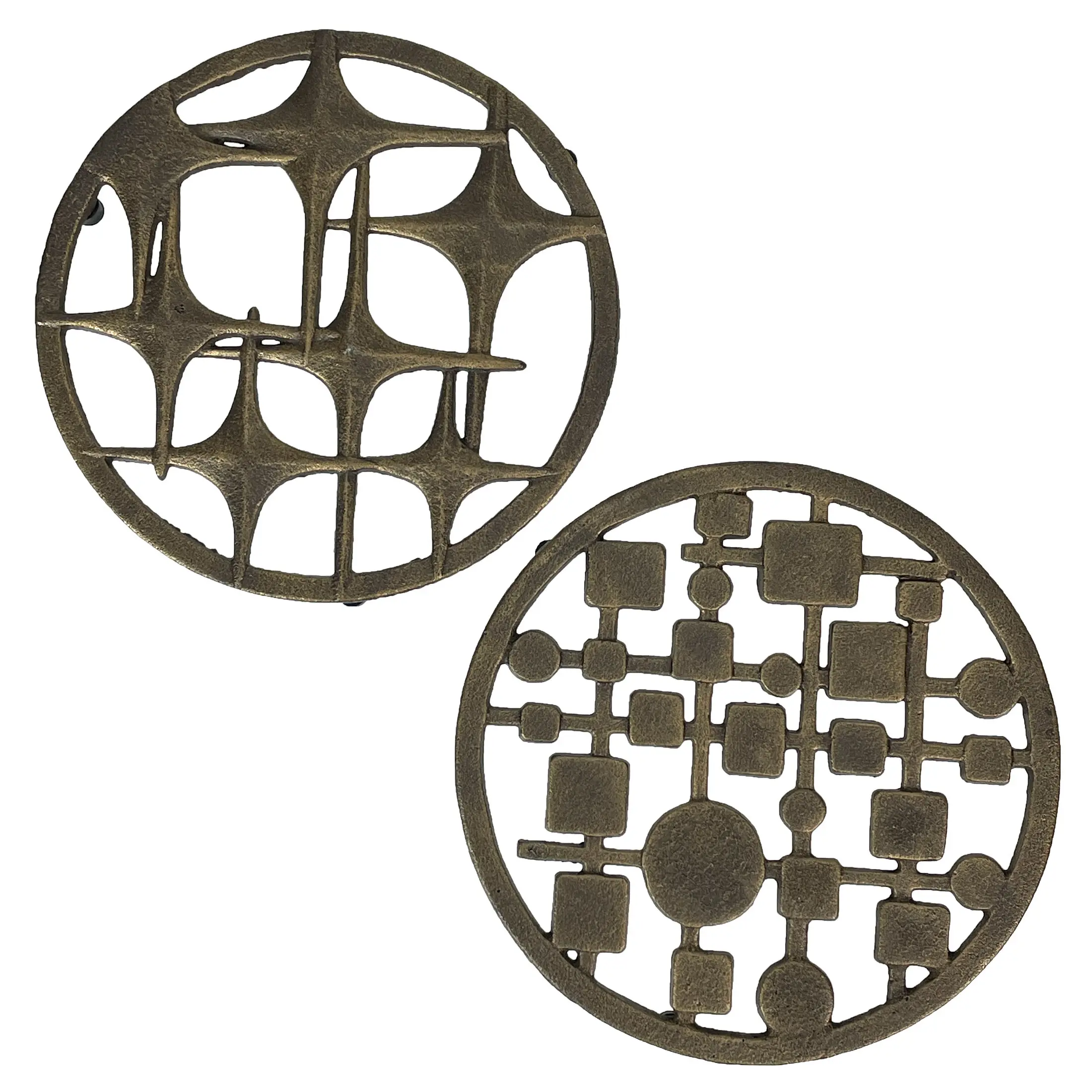 MCM Trivet Set - Bronze Cast Iron, Stars & Circles/Squares, 8" Modernist Kitchen