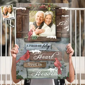 Personalized Memorial Photo Framed Framed Canvas Wall Art - Custom "A Piece of My Heart Lives in Heaven" Picture with Couple & Cardinal Birds - Rustic Wood Frame - Custom Name/Date/Photo Upload - Sympathy Gift,, Fathers's Day, Independence Day, Juneteenth