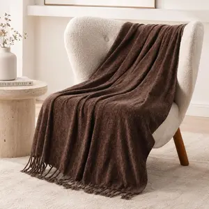 Brown Chenille Throw Blanket for Couch, Soft Cozy Textured Knit Throw Blanket with  Fringe Tassels, Lightweight Decorative Farmhouse Blanket for Sofa Bed Chair, 50"x60"
