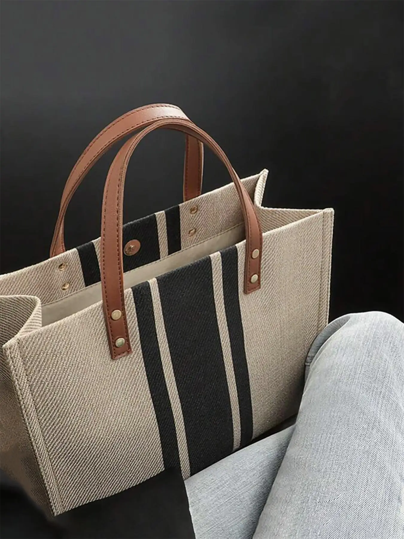 Fashion Striped Pattern Canvas Tote Bag, Casual Large Capacity Shoulder Bag For Teen Girl, Women, College Student, Rookies & White-collar Workers Perf