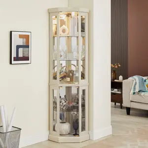 ARCH Lighted Corner Curio Cabinet - Display Case for Living Room, Antique Collectibles, Wine & Bar Glass Storage - Elegant Corner Design with Lights Included- White