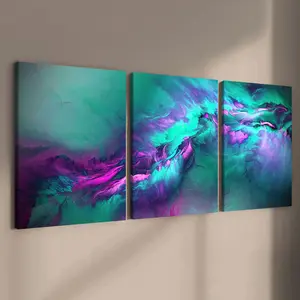 3 Counts Wooden Framed Canvas, Abstract Purple And Teal Cloud Waves Images, Exquisite Poster, Perfect Living Room Decoration, Modern Art, Fashion Family Poster, Wall Art Decoration, Waterproof Art