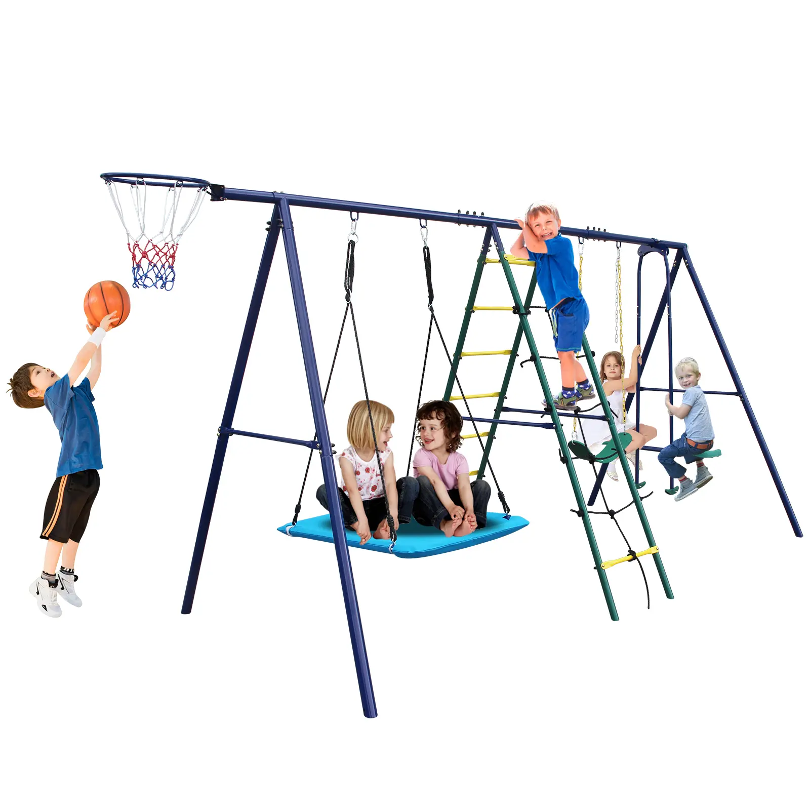 MERSCO Swing Sets for Backyard, 6-in-1 Kids Swing Set,Outdoor Swing Set with Climbing Ladder, Climbing Net, Glider, Hammock Swing, Belt Swing, Basketball hoop, Outdoor Stuff For Kids, Kids Outdoor Play, Steel Frame