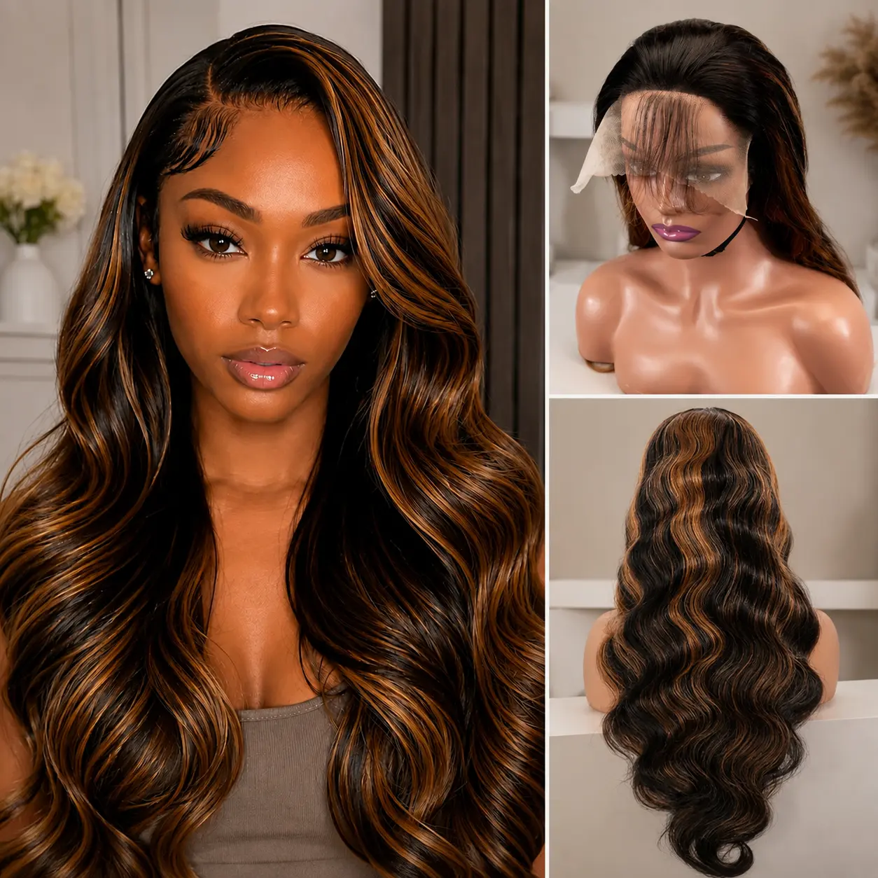 AFRIBYE Human Hair Wig FB/30 Honey Brown Ombre Body Wave 13x6 HD Transparent Lace Front Wig for Black Women 180% Density Brazilian Virgin Hair, Wigs Human Hair, Ombre Hair